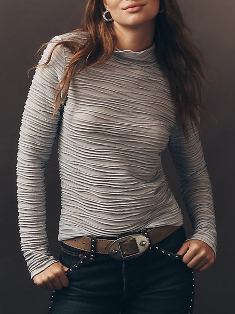 Anthropologie Pilcro Metallic Textured Long-Sleeve Turtleneck Light Gray